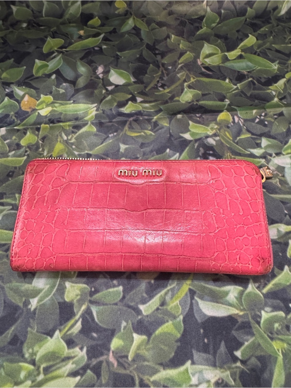 Miu Miu Coral Pink Croc-Embossed Zip Around Wallet with Gold Logo